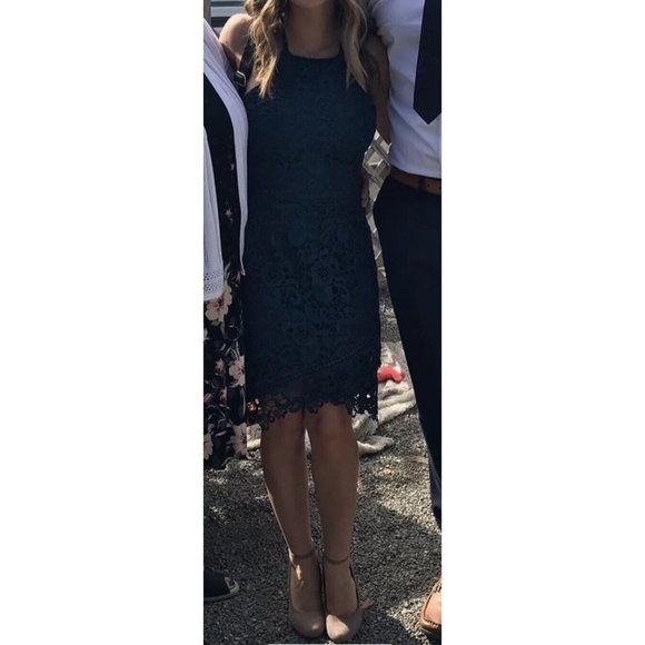 Francesca’s Navy Blue Halter Dress Small Mid Thigh Length Thick Floral Lace - Picture 2 of 4